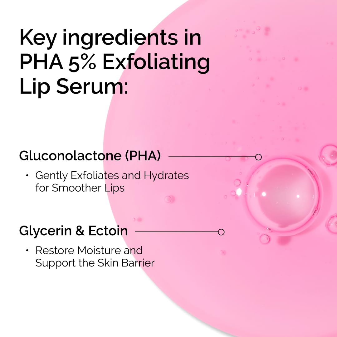 Lip serum with text detailing key ingredients and benefits