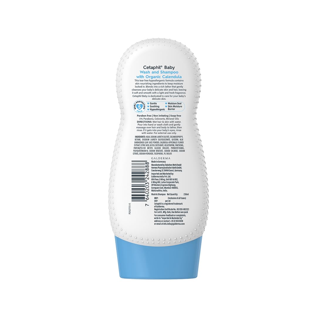Cetaphil Baby Wash & Shampoo with Organic Calendula 230 ml | Gentle Daily Cleanser for Newborns & Babies | Hypoallergenic, Dermatologist Tested, Paraben-Free