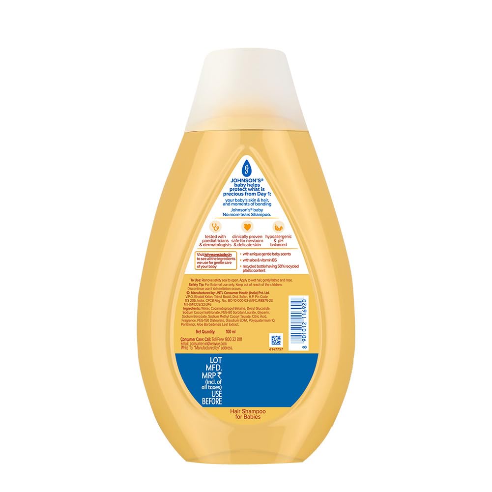 Johnson's Baby No More Tears Baby Shampoo, 100ml | With Aloe & Vitamin B5 | Helps Clean & Protect Baby Hair | No Added Parabens, Dyes, Sulphates & Pthalates | Hypoallergenic & PH Based Formula | Recommended by Paediatricians
