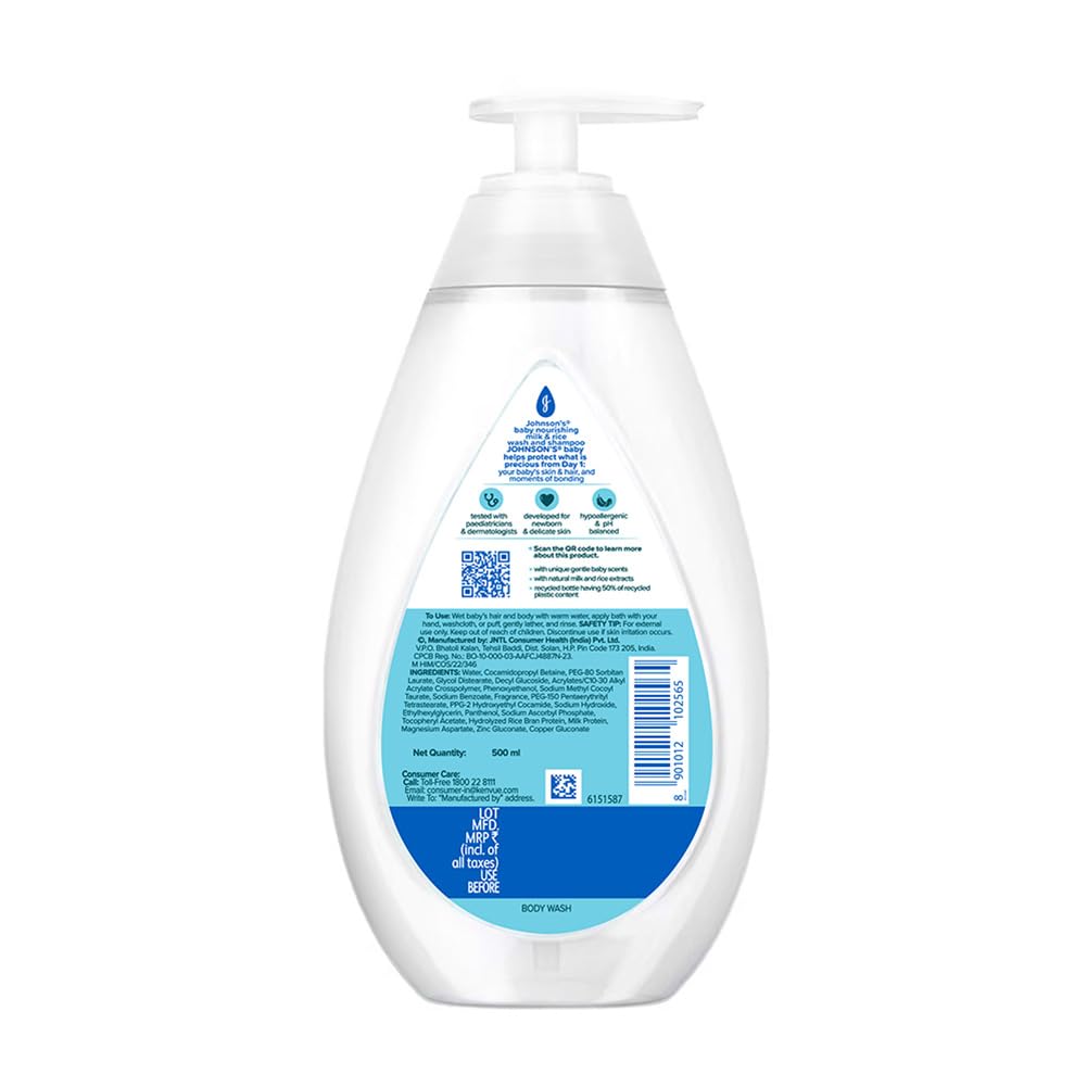 Johnson's Baby Nourishing Milk & Rice Wash & Shampoo 500ml | 2-in-1 Baby Cleanser | No More Tears | Milk Protein & Rice Extracts | Hypoallergenic | pH Balanced | Paraben, Dye, Sulphate & Phthalate Free | For Newborns & Sensitive Skin