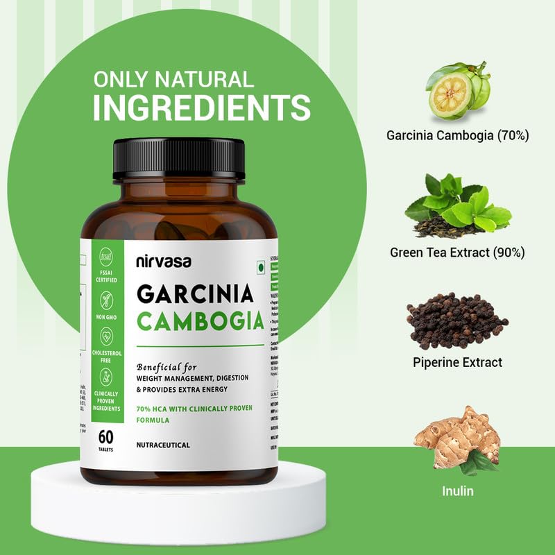 Nirvasa Garcinia Cambogia Tablets (800mg) with Green Tea | 70% HCA Weight Management Suppliment for Men & Women | 60 Tablets