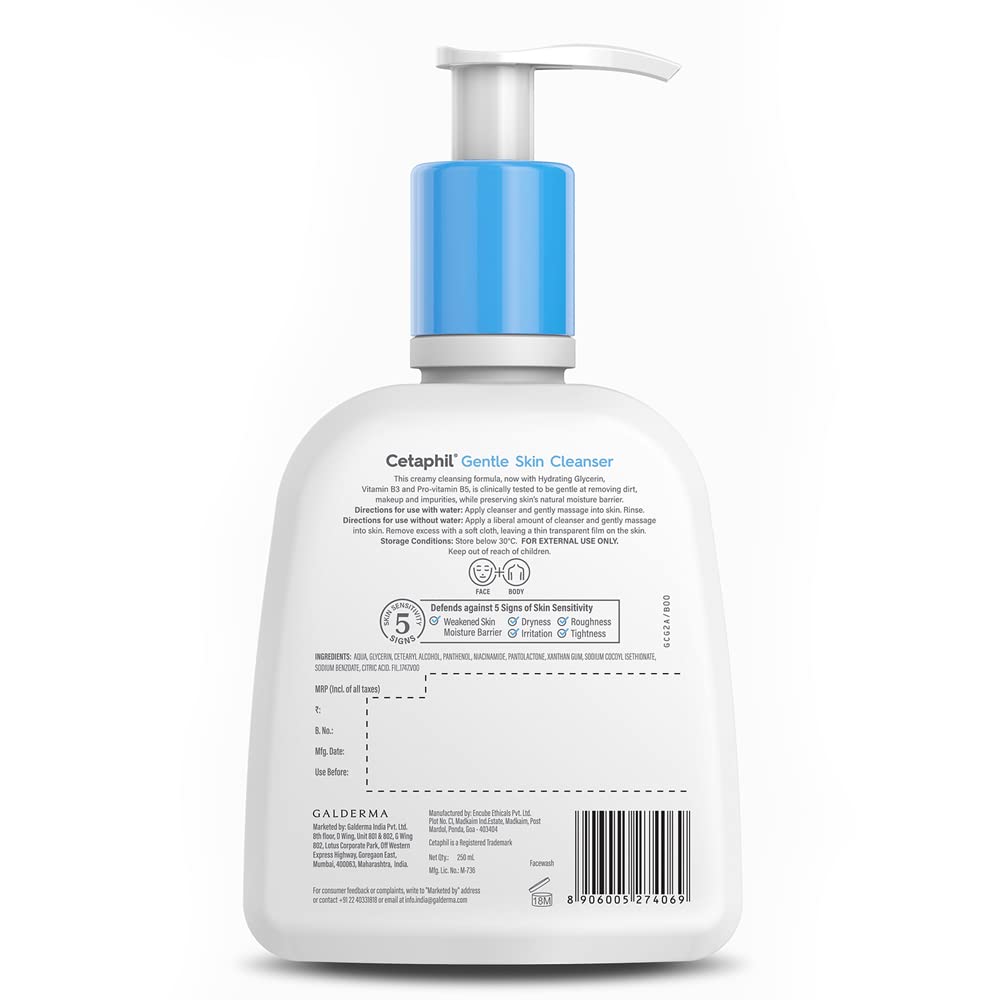 Cetaphil Paraben, Sulphate-Free Gentle Skin Hydrating Face Wash Cleanser with Niacinamide, Vitamin B5 for Dry to Normal, Sensitive Skin - 250 ml