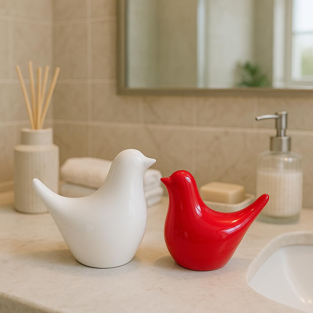 Creative White and Red Glossy Ceramic Birds Figurines Home Decorations Accessories Party (Pack of 2, White & Red)
