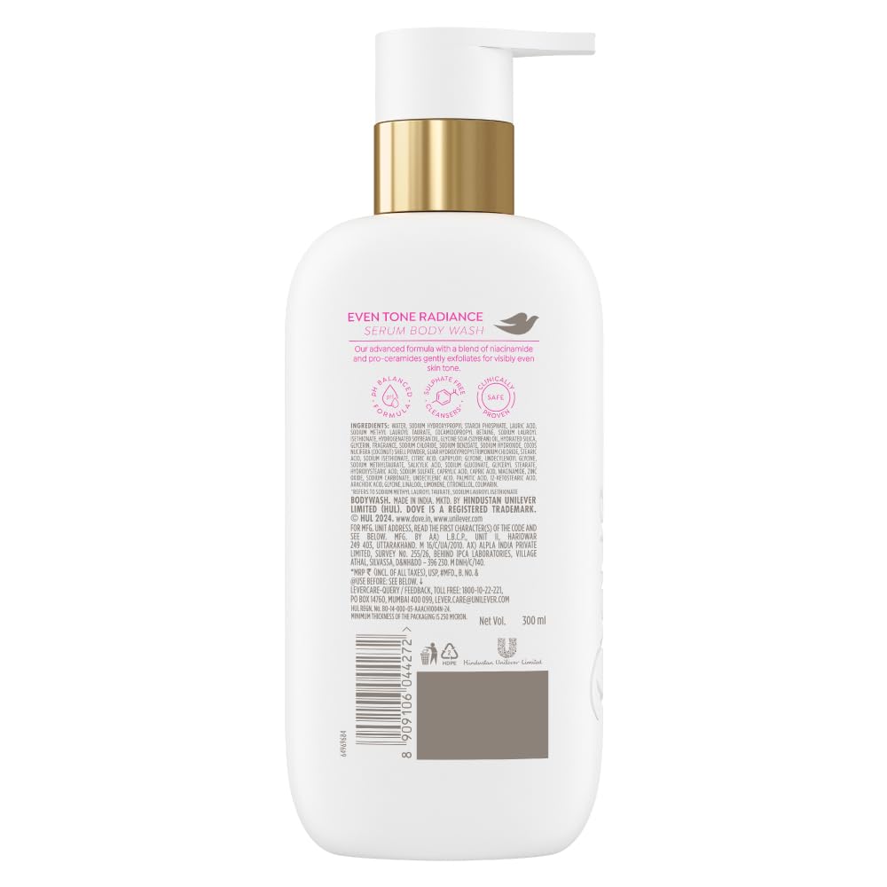 Dove Even Tone Radiance Serum Body Wash|5% Radiance Serum with Niacinamide| Gently exfoliates for even skin tone | Paraben & SLS free | 300 ml