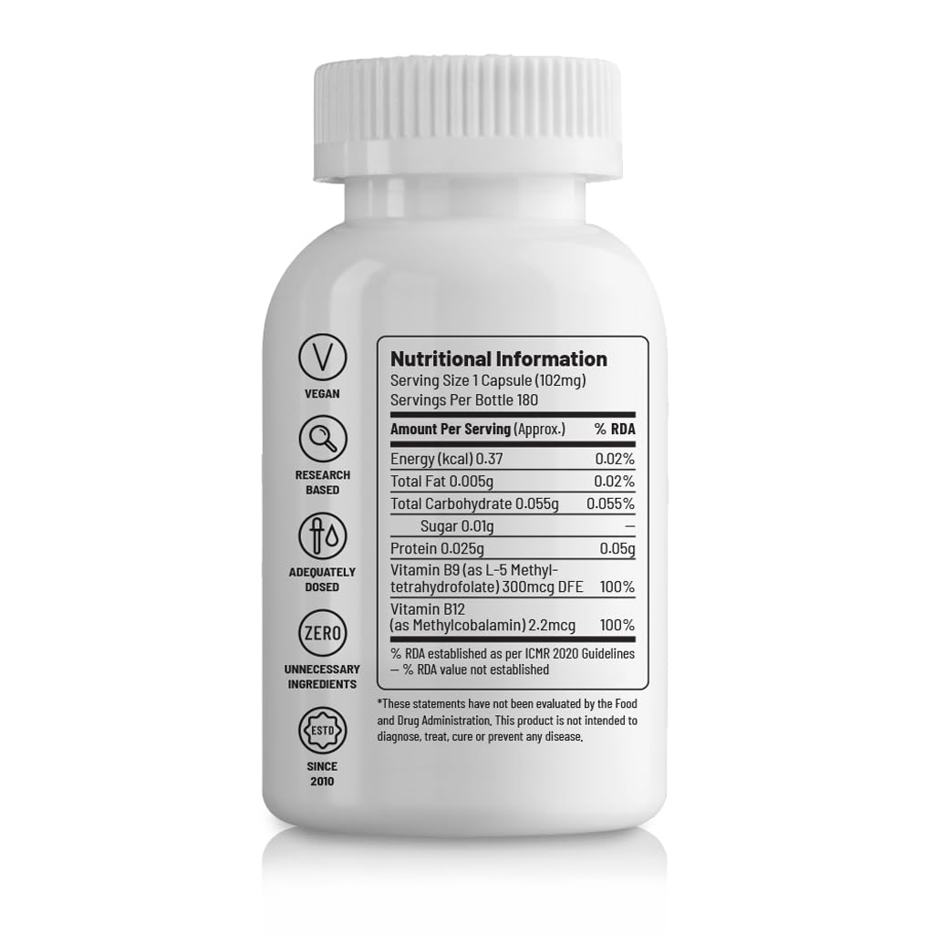Zephivo Unived Vitamin B12 Veg, Methylcobalamin (98%), with Methyltetrahydrofolate (5-MTHF), Brain Cells & Nerve Tissue Support, 180 Vegan Capsules