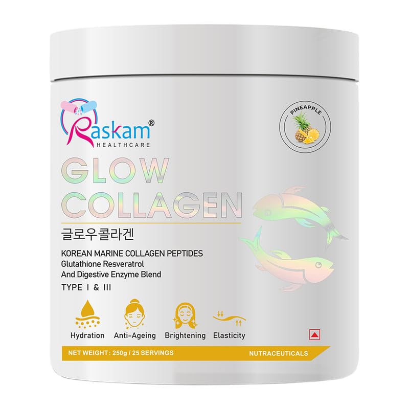 Glow Collagen Powder 250gm of 25 Servings | Korean Marine Flavored (Pineapple) Collagen Powder Supplements for Women & Men