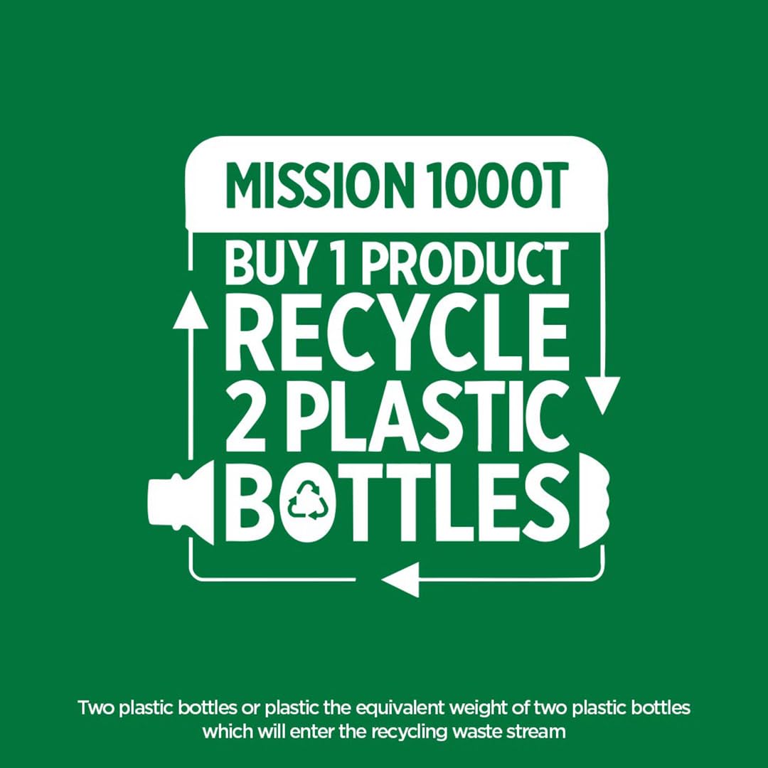 Green graphic with text 'Mission 1000T Buy 1 Product Recycle 2 Plastic Bottles' on a green background