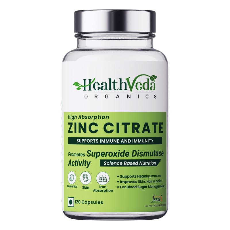Zephivo Health Veda Organics Zinc Citrate | Supports Immune and Immunity | Healthier Skin, Hair & Nails | Improves Iron Absorption | 120 Veg Capsules | For Both Men & Women