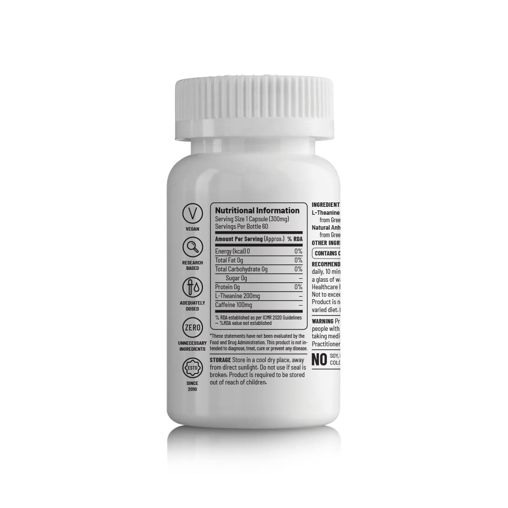 Zephivo Unived Natural Caffeine L-Theanine Capsules (100mg/200mg), for Energy & Focus, Nootropic, 60 Vegan Capsules