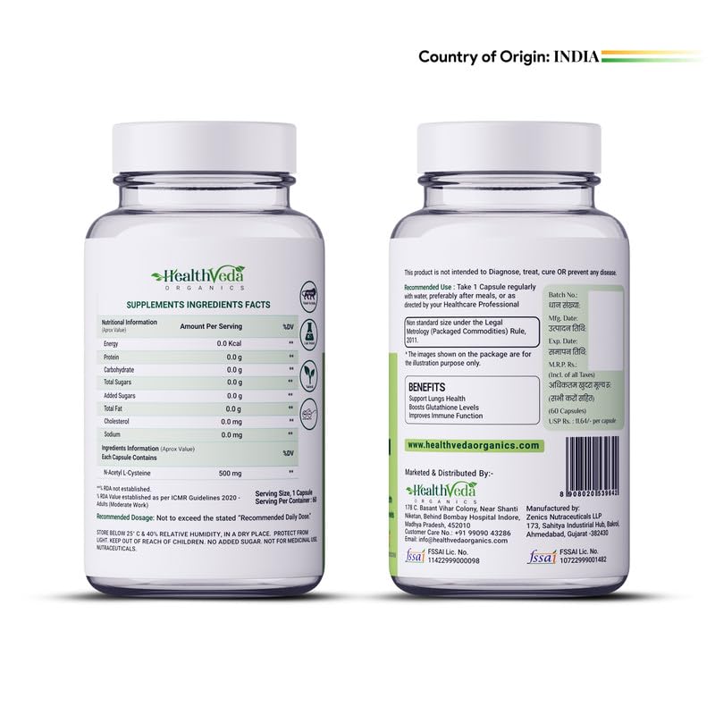 Zephivo HEALTH VEDA ORGANICS PRIVATE LIMITED N - Acetyl L - Cysteine 500Mg | 60 Veg Capsules | Lungs & Respiratory Support | Immune Health | For Both Men & Women¦