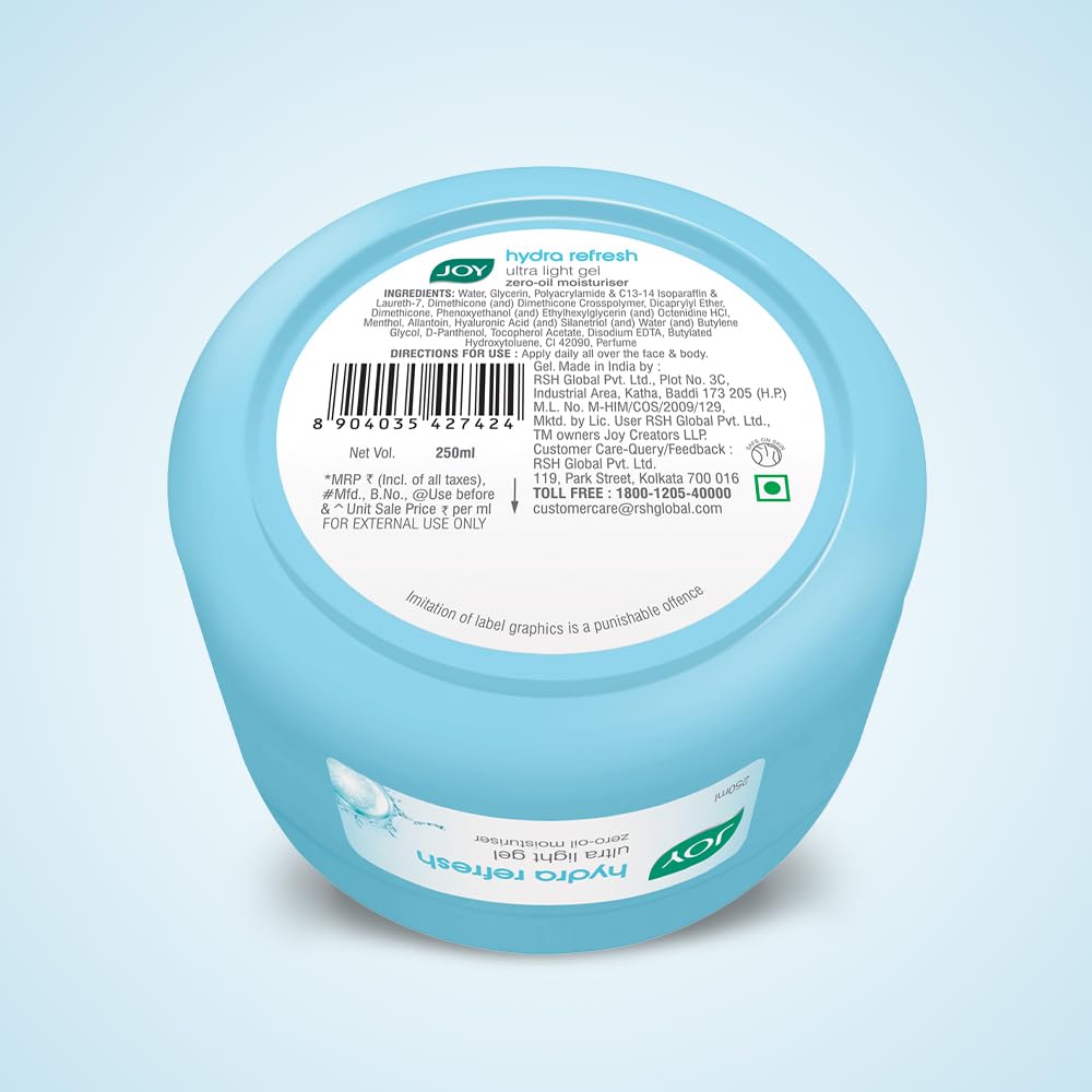 Joy Hydra Refresh Ultra Light Gel, Oil Free Moisturizer with Hyaluronic Acid & Vitamin E 250ml - Non Sticky & Lightweight Face Cream for Oily Skin for 48hr Moisturization