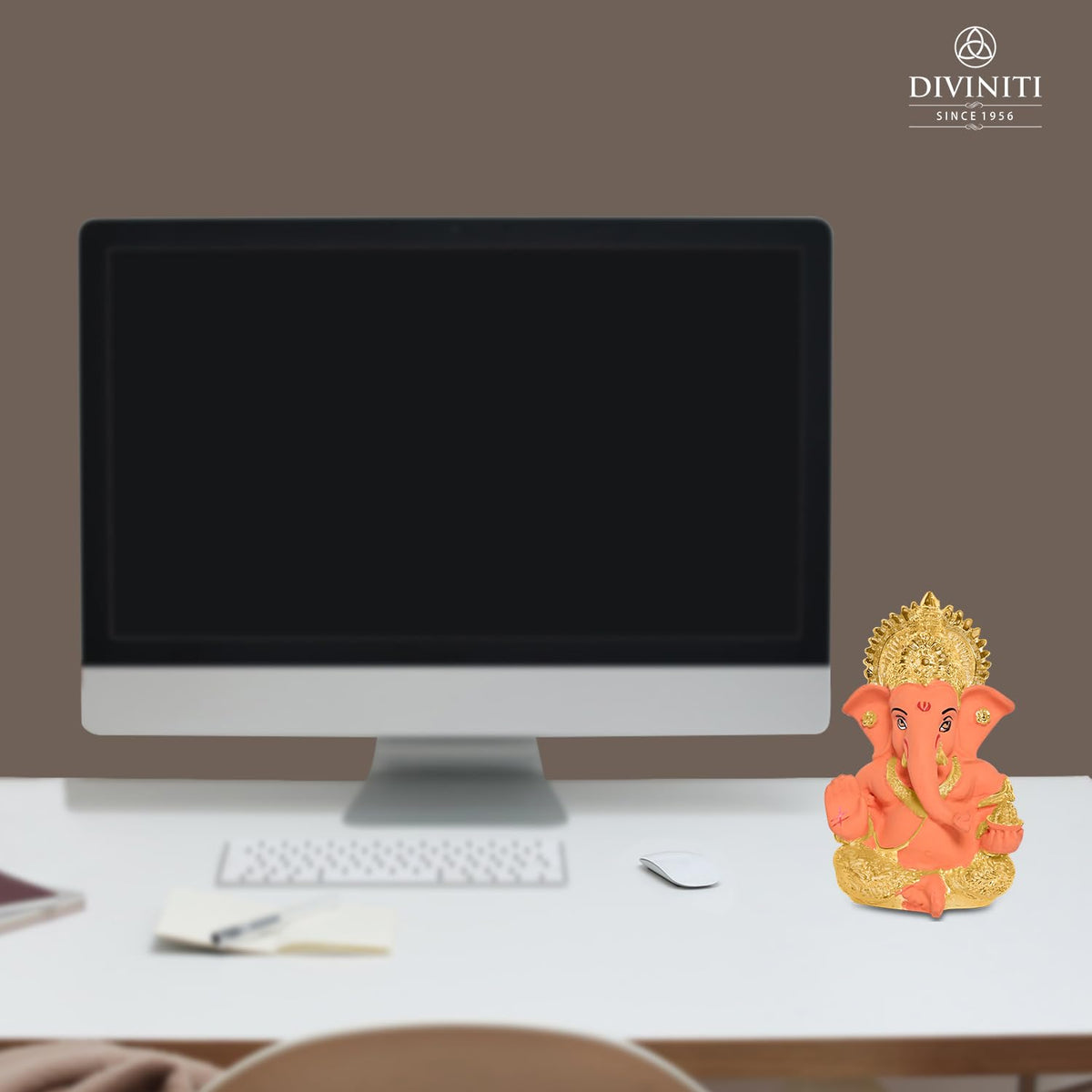 24K Gold Plated Resin Lord Ganesha Idol for Car Dashboard, Tabletop|Ganesh Statue for Good Luck and Success|Ganpati Murti for Home Decor Mandir, Office Desk Puja Gift Orange & Gold(8.4x4.2cm)