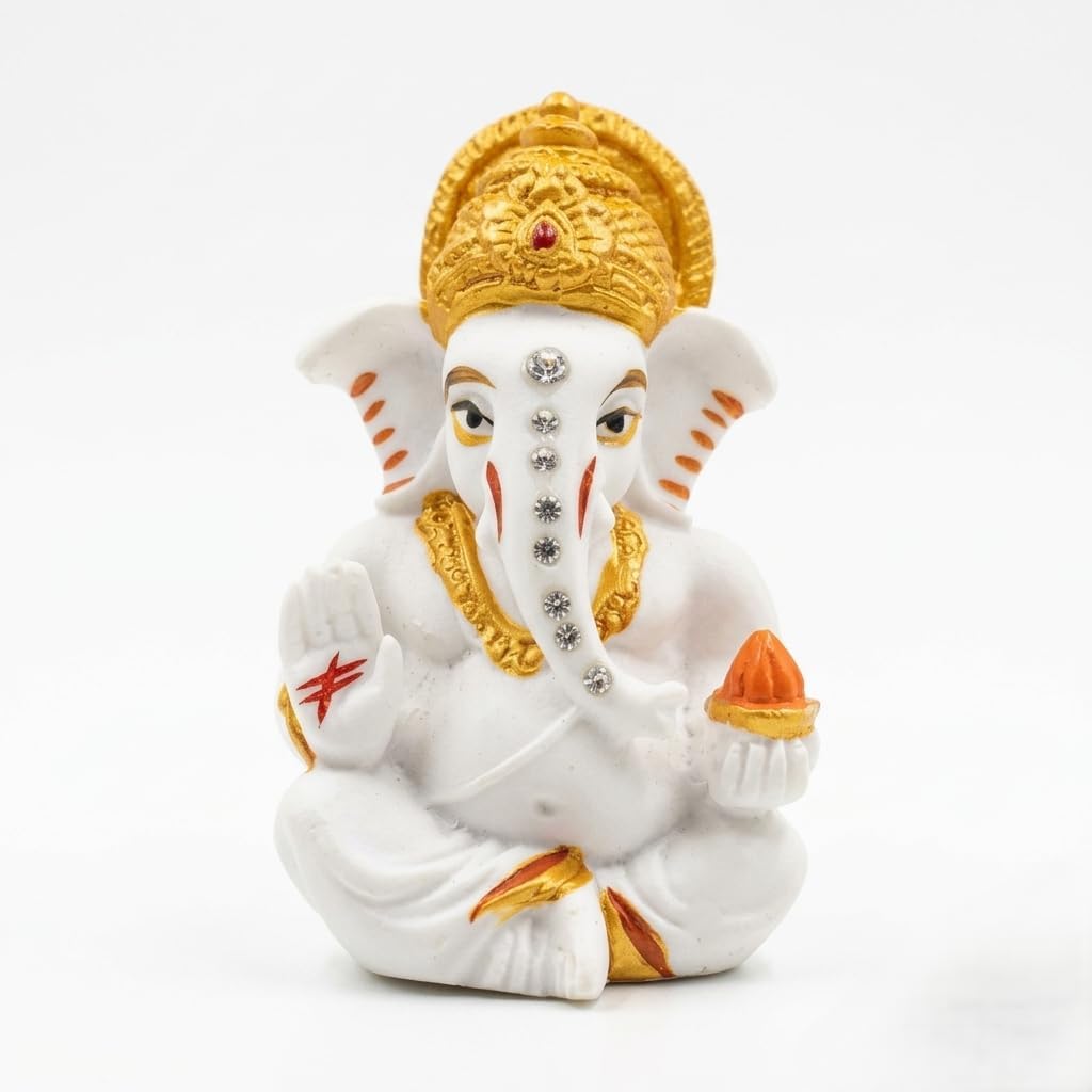 Mangalmurti Ganesh Idol White Marble Statue, Matte Finish Ganpati Murti for Puja, Mandir, Home Decor, Car Dashboard, Ganesh Chaturthi, Diwali & Festive Gifting
