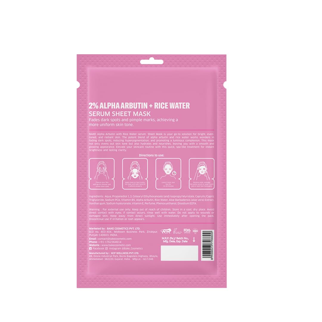 BAKE 2% Alpha Arbutin Sheet Mask for Glowing Skin with Rice Water for Instant Bright Skin | For Dark Spots, Pigmentation & Tan Removal | Instant Glow - 20g