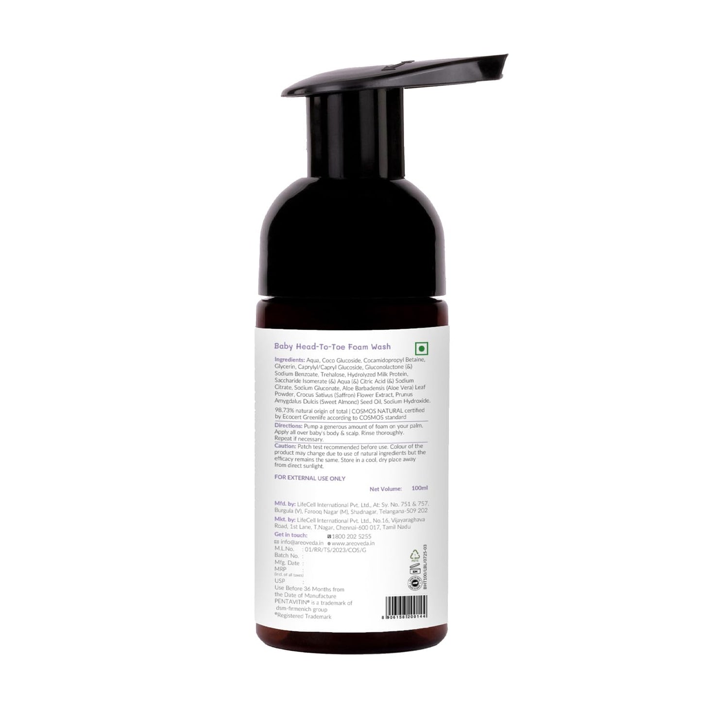 AreoVeda Baby Head-To-Toe Foam Wash With Self-Foaming Pump (100ml) I Tear-Free Baby Wash I 24 Hrs Hydration I pH 5.5 With PENTAVITIN® & Aloe Vera I Safe from Day 1 I Lab Tested, Ecocert Certified, EWG Verified