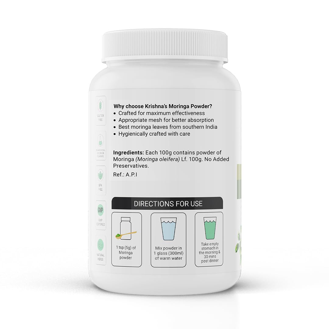 Krishna's Herbal & Ayurveda Pure Moringa Leaf Powder (100gms), Drumstick Leaf Powder Good for Hair, Skin and Immunity, Rich in Multivitamins