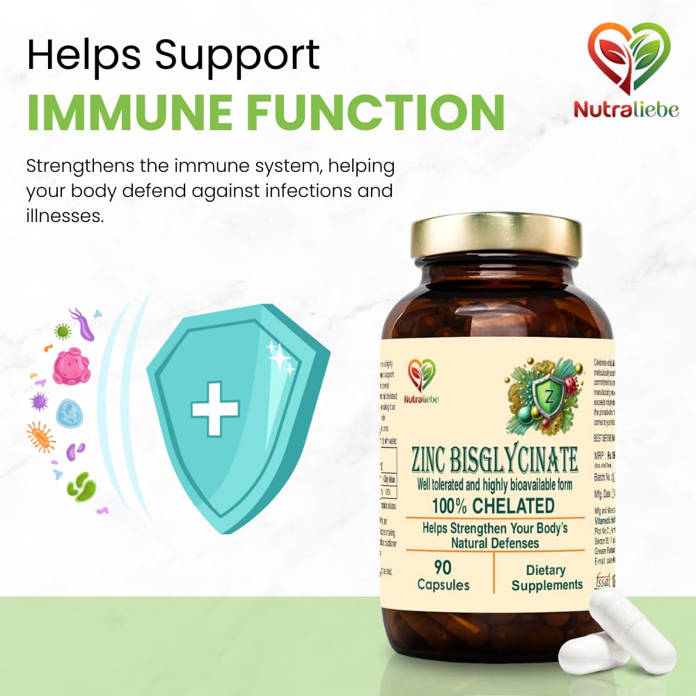Nutraliebe Zinc Bisglycinate – High Absorption Zinc for Immune Support, Skin Health, and Cellular Function – 90 Capsules