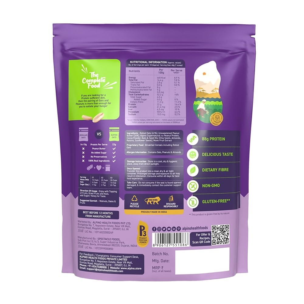 ALPINO 22% High Protein Super Oats Chocolate 400g – Rolled Oats, Natural Peanut Butter, Cocoa Powder, Nuts & Seeds – 22g Protein, Source of Dietary Fibre & Healthy Fats, No Added Sugar & Salt