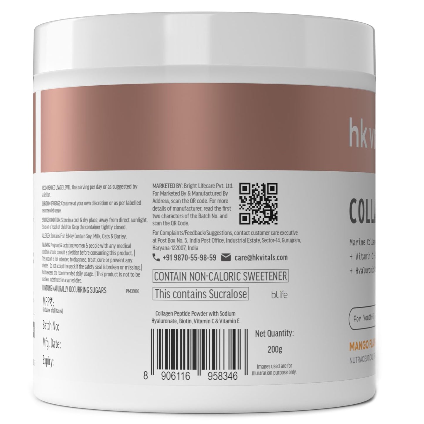 HealthKart Hk Vitals Marine Collagen Supplements Powder (Mango, 200 Gram) |Vitamin C, E, Sodium Hyaluronate | For Healthy Skin, Hair & Nails