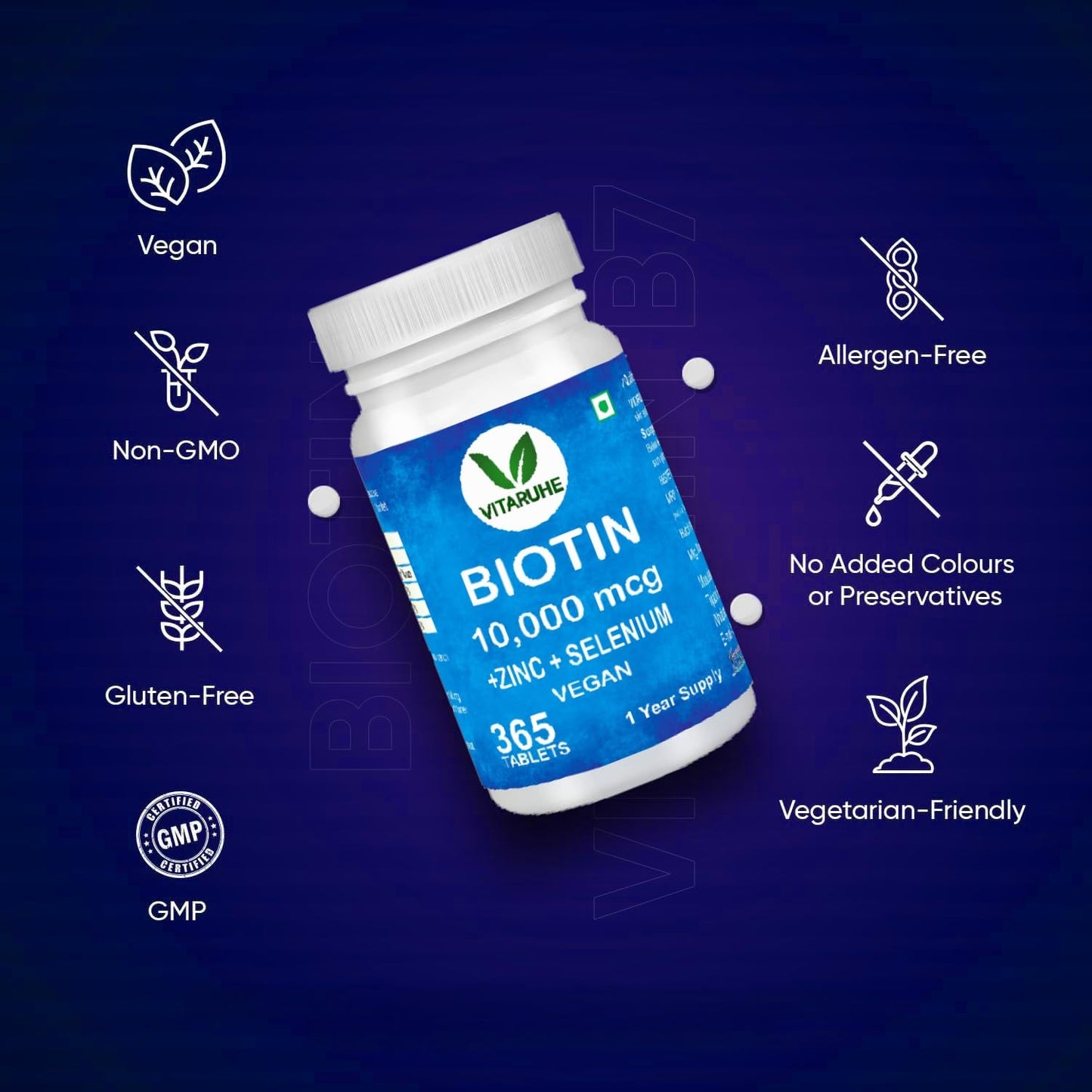 Vitaruhe Biotin High Dose Biotin + Zinc + Selenium Vegan Hair Growth Supplement for Healthy Skin, Hair and Nails, Full Year Supply, 365 Tablets