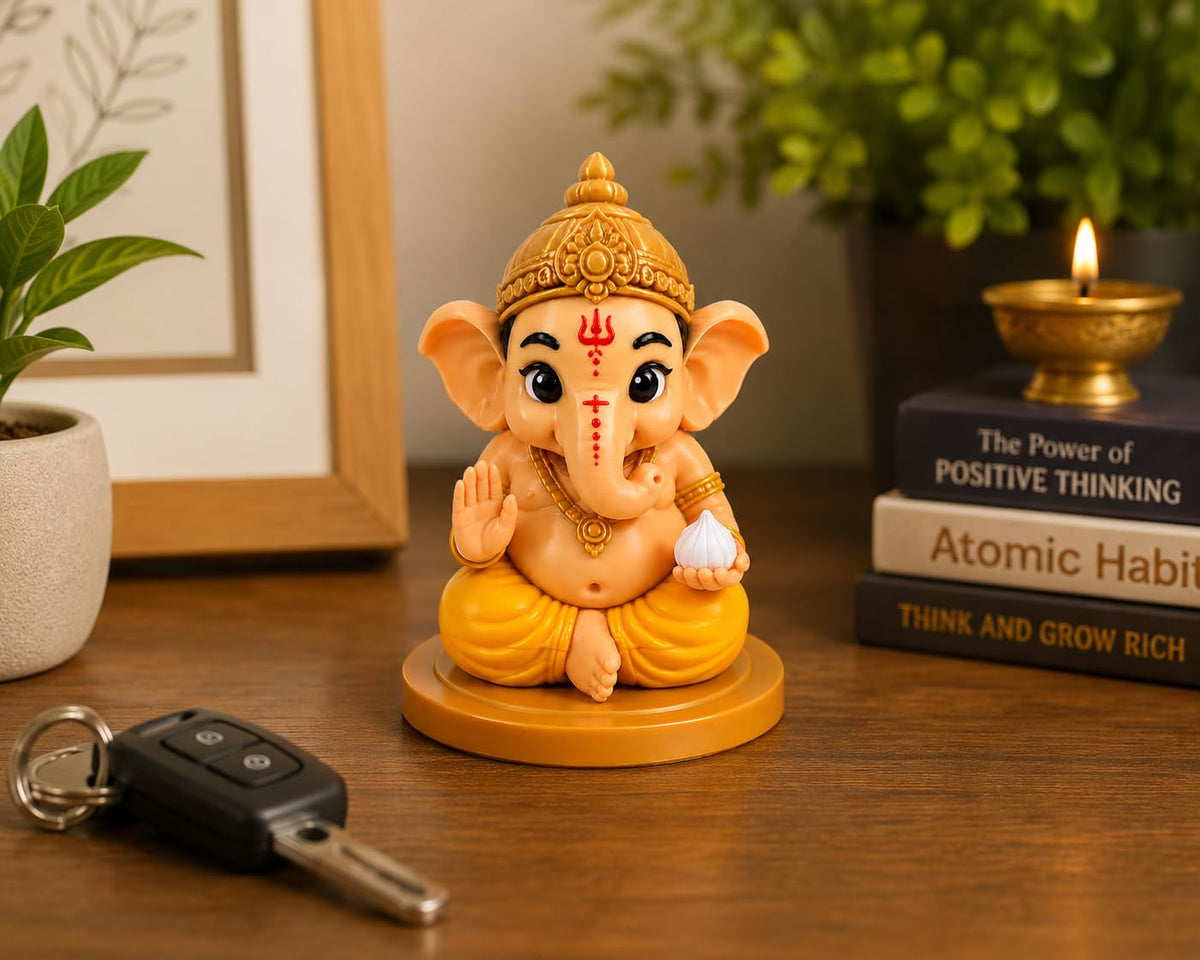VASPAR Baby Ganesha Idol Cute Ganpati Figurine with modak Hindu God Statue for Car Dashboard, Pooja Room & Home Decor | Premium Finish Spiritual Gift Golden & White Yellow