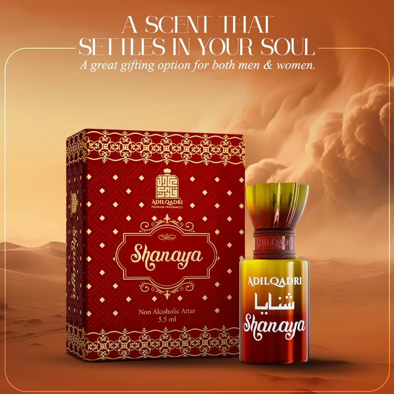 Adilqadri Shanaya perfume bottle and packaging with desert background