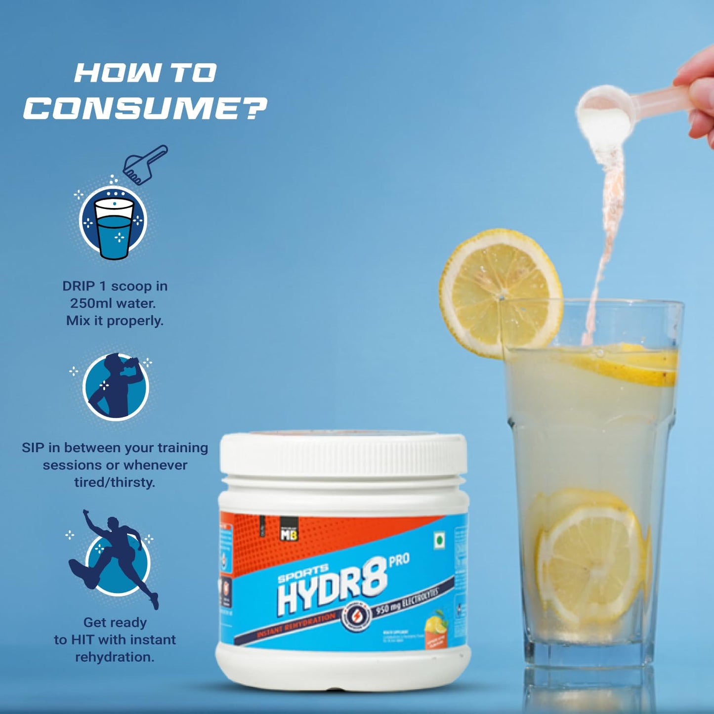 MuscleBlaze Sports Hydr8 PRO (Lemon Lime, 300g, 30 Servings) 950mg Electrolytes | For Instant Rehydration & Energy