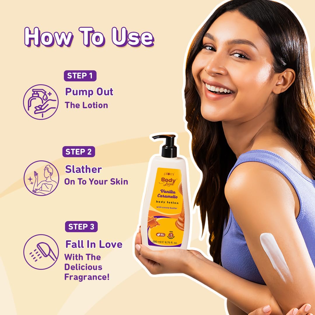 Plum BodyLovin' Vanilla Caramello Body Lotion | Cocoa Butter & Vitamin B5 for Deep Moisturization | Non-Greasy | Soft & Glowing Skin | for Dry to Very Dry Skin | Warm & Cozy Vanilla Fragrance – 200ml | Exclusively Available on Amazon