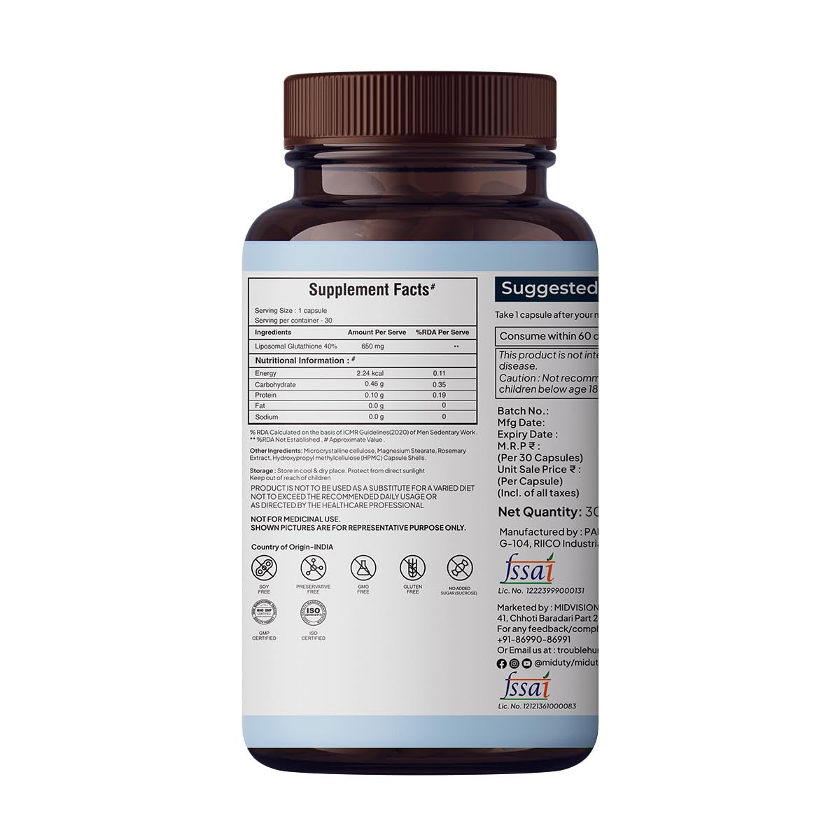 Zephivo Miduty by Palak Notes Liposomal Glutathione - Highest Bioavailability - Glutathione for skin - Face glow - Skin Hydration - Liver Health -Detoxification Support - 30 Caps