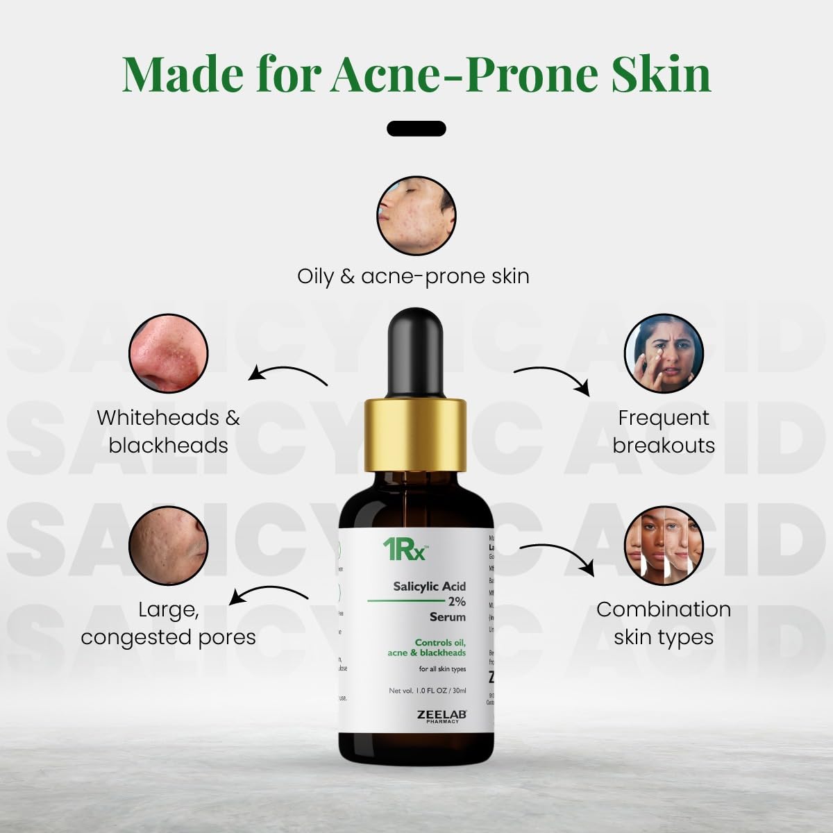 Zeelab 1RX Salicylic Acid 2% Face Serum 30ml | Acne & Pimple Control Serum | Unclogs Pores, Removes Blackheads & Whiteheads | Oil Control & Gentle Exfoliation for Oily & Acne-Prone Skin
