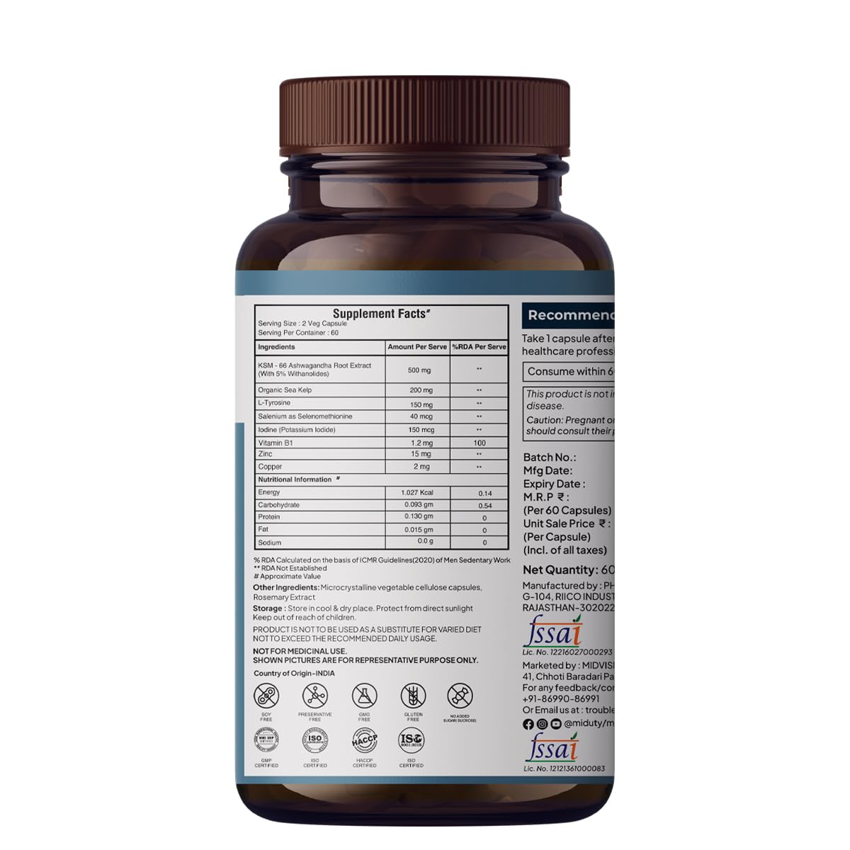 Zephivo Miduty Palak Notes Triple Thyroid Care Supplement - Rapid Action Formula - KSM-66 Ashwagandha - Sea Kelp - Zinc - Vitamin B1-Selenium-L-Tyrosine - Supports Thyroid Health - Good mood - 60 Capsules