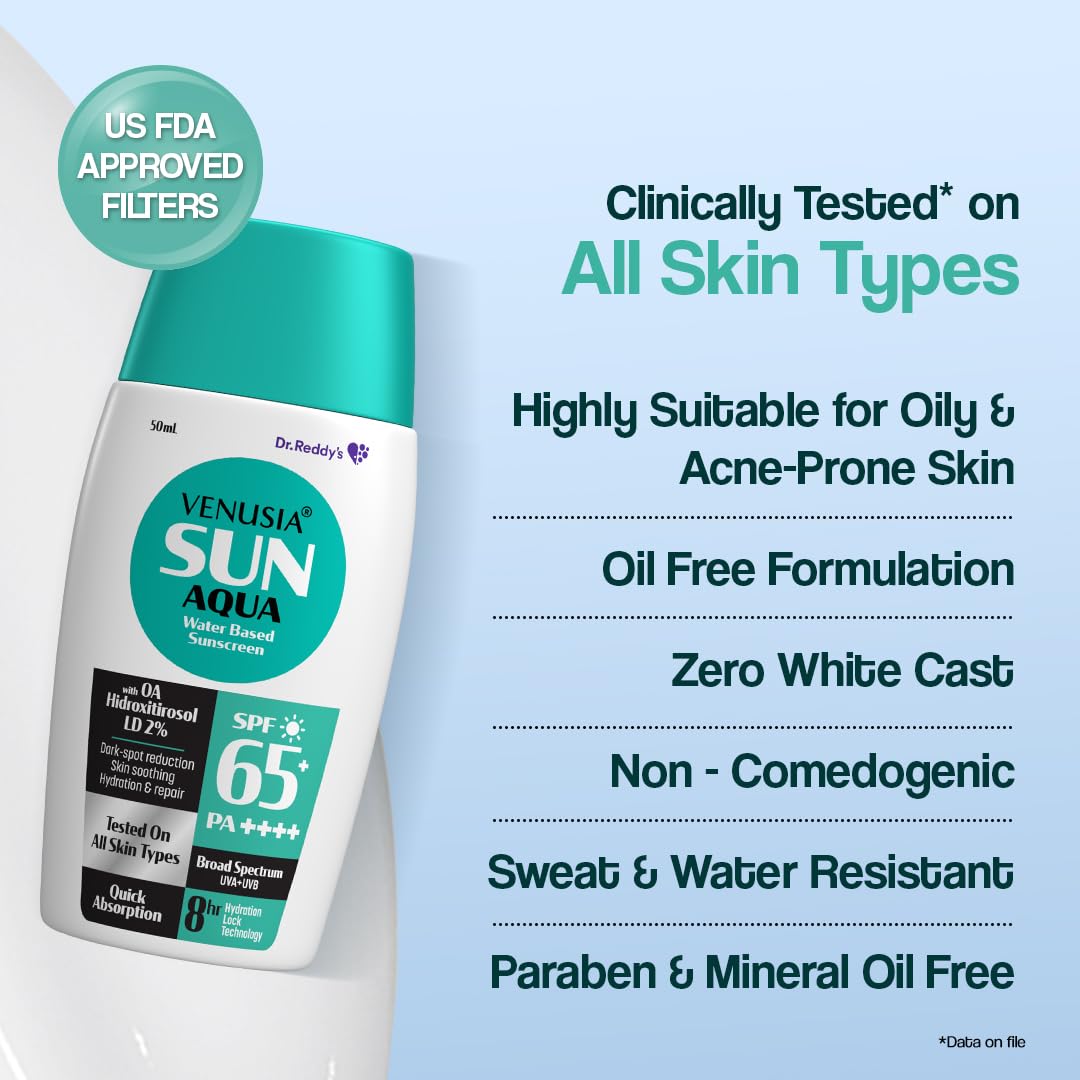 VENUSIA Dr. Reddy's Water Based Sunscreen SPF 65|Broad Spectrum Protection|Powered by Antioxidants|Ultra-Light, Non-Sticky|12-hr Hydration Lock|Anti-Pigmentation|For Oily, Acne-Prone Skin|50g