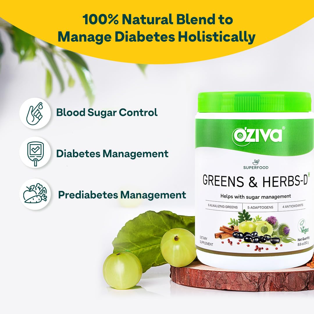 OZiva Superfood Greens & Herbs for Diabetes and Prediabetes Powder, 200g| OZiva Greens & Herbs for Sugar Control and Diabetes Management (with Moringa, Milk Thistle, and Fenugreek)