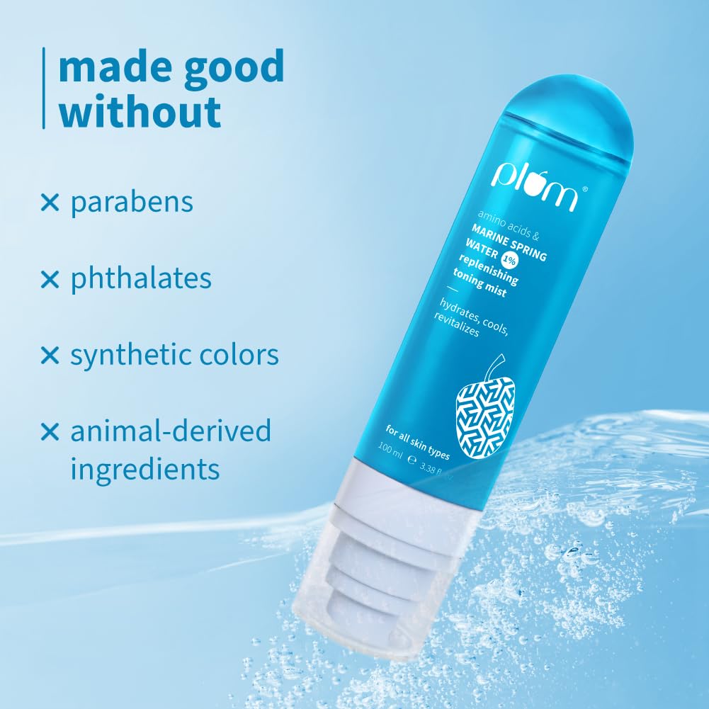 Plum 1% Marine Spring Water Replenishing Toning Mist Spray with Amino Acids | Hydrates, Cools & Revitalizes | with Active Minerals | On-the-go Soothing Face Mist | Face Toner for Women & Men | Suits All Skin Types | 100ml
