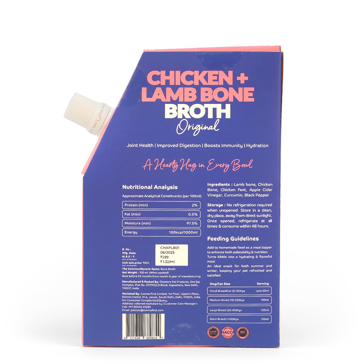 Applod Chicken & Lamb Bone Broth with Pumpkin & Carrot for Dogs & Cats | Protein-Rich Grain-Free Meal Topper with Collagen & Amino Acids | Supports Joint, Muscle, Digestive & Eye Health | 150ml
