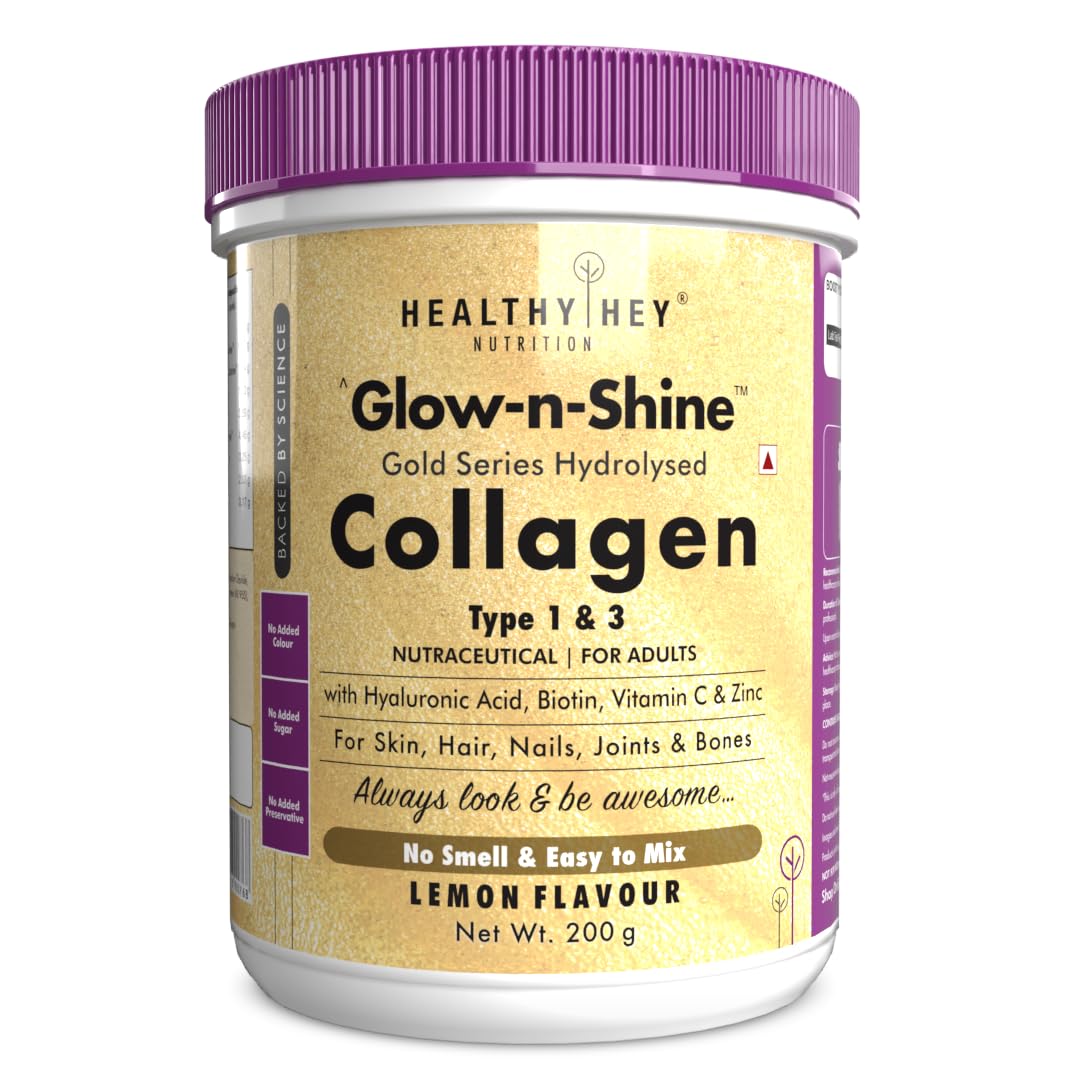 Zephivo HealthyHey Nutrition Skin Glow-N-Shine Collagen Powder 200G | Hydrolysed Collagen For Women And Men With Hyaluronic Acid, Biotin And Vitamin C For Healthy Skin, Hair And Nails - (Lemon, 200Gm)
