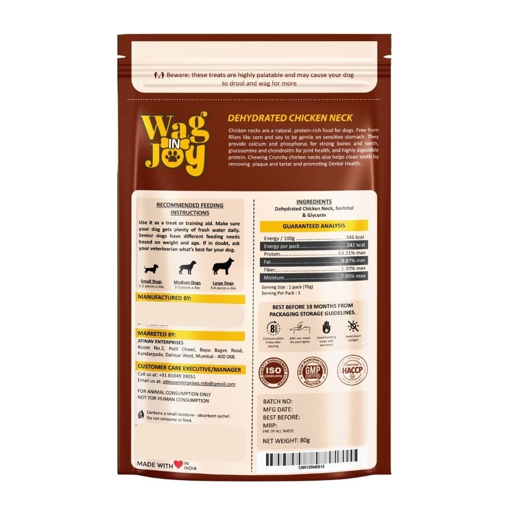 WAG IN JOY Dehydrated Chicken Neck Dog Treats | High Protein Natural Chews | Grain-Free, No Fillers | Supports Dental Health & Strong Bones | 100% Natural | 70g