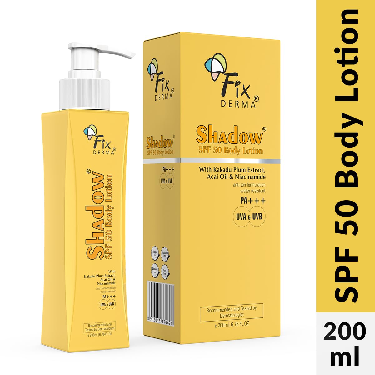 Fixderma Shadow Sunscreen Body Lotion with SPF 50 PA+++ & 2% Niacinamide | Body Sunscreen | Prevents Sun Tan, UVA & UVB Protection with No White Cast For Women & Men - 200 ml