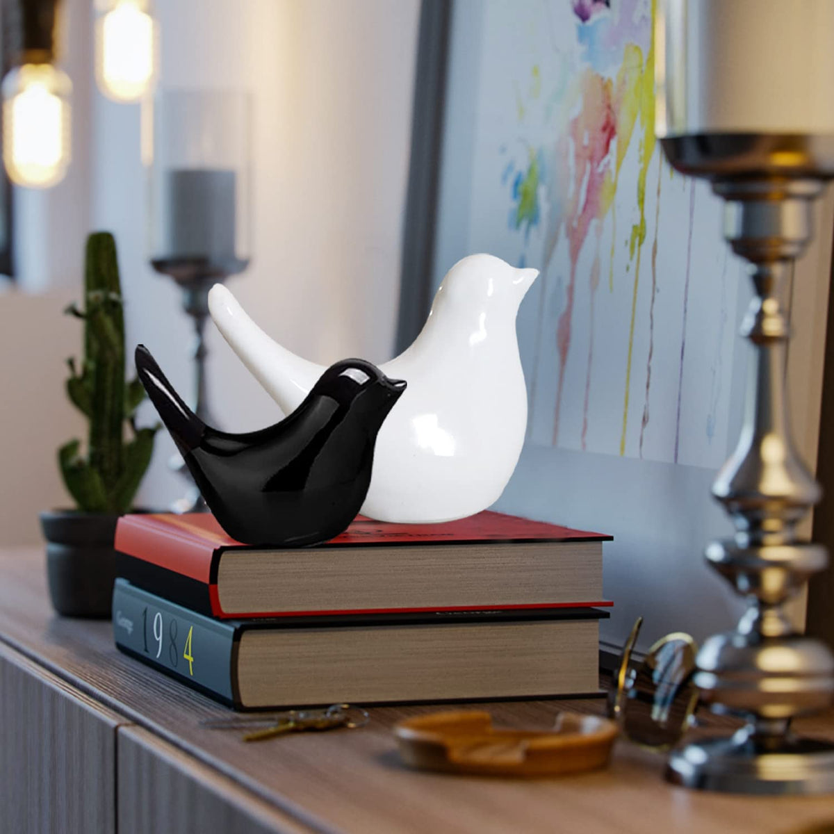 Ceramic Birds Figurines Ceramic Blessing Birds Figurine Home Decorations Accessories Set of 2 (Beige and Black Matte)
