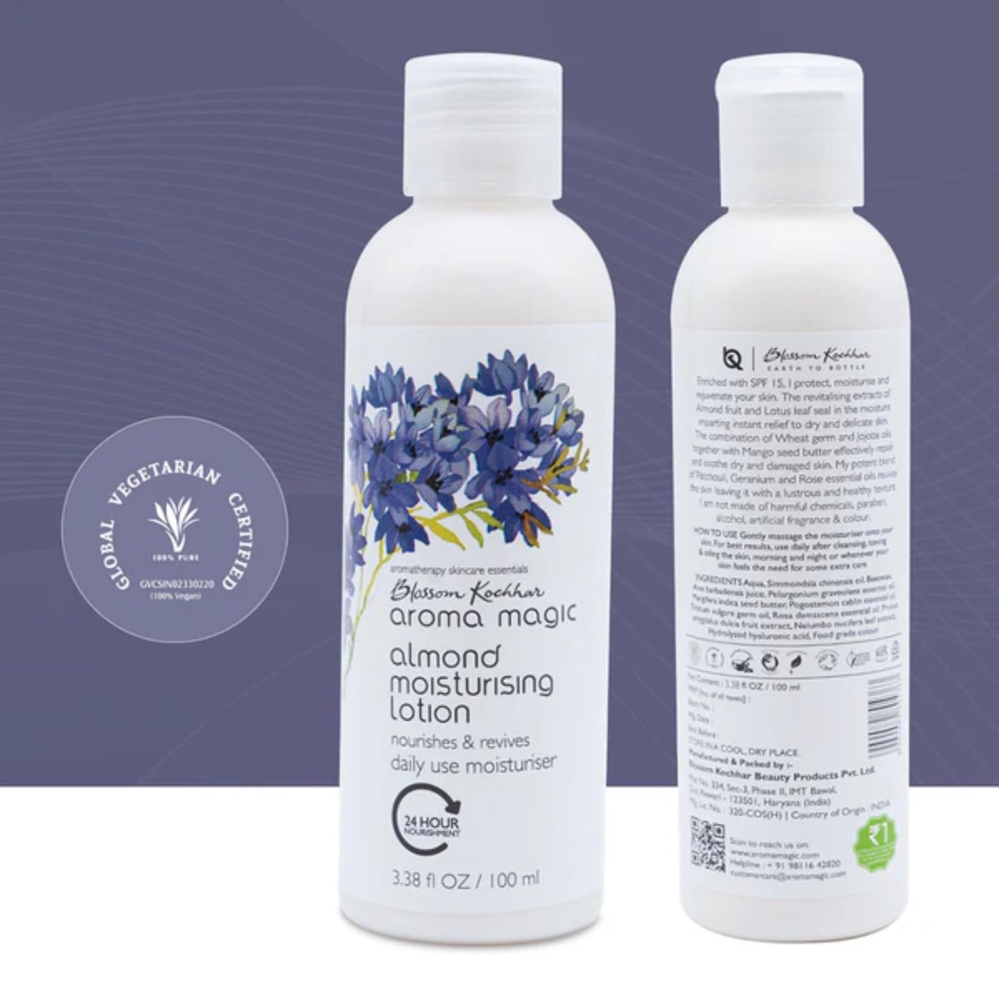 Aroma Magic Almond Moisturising Lotion SPF 15| for 24H nourishment |Moisturizes & revives skin| lotus leaf extracts, jojoba oils, geranium & rose essential oils| Daily Use for Dry Skin - 100ml