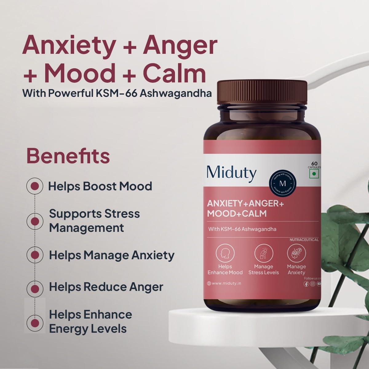 Zephivo Miduty by Palak Notes Anxiety Anger Mood Calm Supplement For Happy Mood, Anti Depressant - KSM - 66 Ashwagandha Root - 5 HTP - L Tryptophan - 60 Capsules