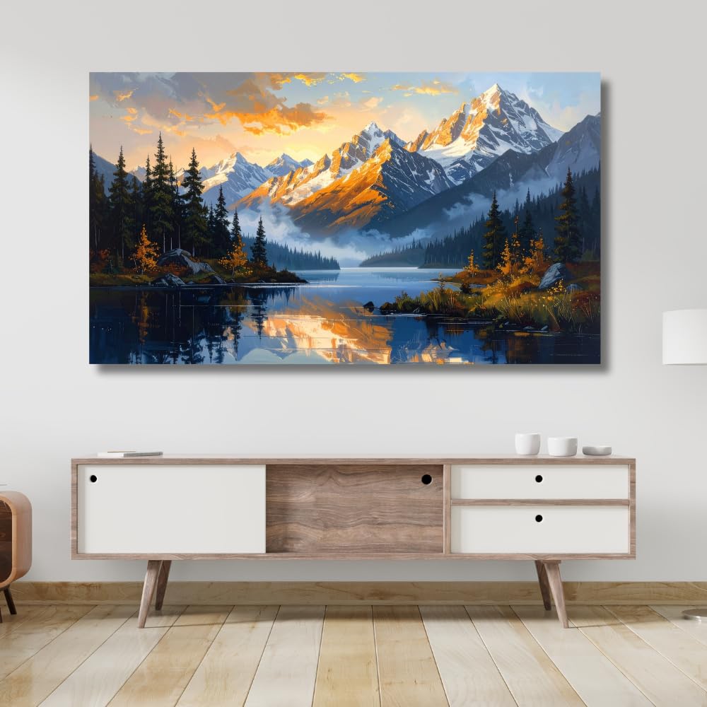 Luxury Artistic Snow Mountain Painting For Living Room Big Size | Nature Canvas Landscape Wall Art Painting For Bedroom, Office | Large Size Mountain Snow Peak With Lake Wall Art | Premium Home Decor (40 X 24 INCH, Unframed - LARGE)