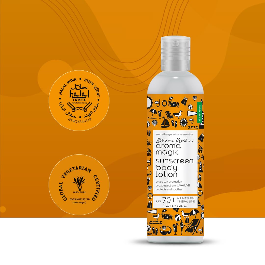 Aroma Magic Sunscreen SPF 70+ Body & Face Lotion Offers broad-spectrum UVA/UVB protection & relieves sunburns | with Zinc Oxide & Pro-Vitamin B5 (All skin types) 200ml