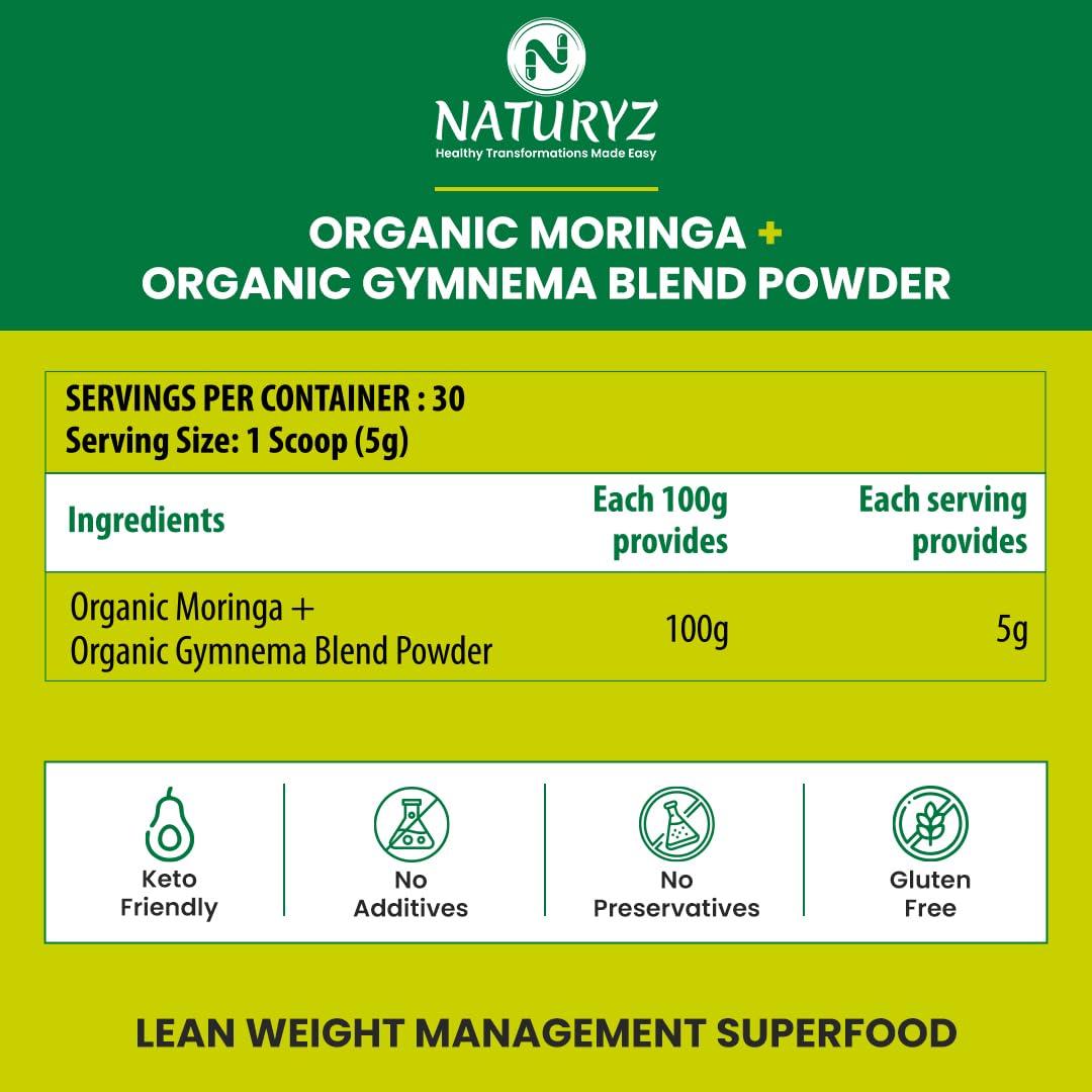 Naturyz Organic Moringa + Organic Gymnema Blend Powder label with green and yellow background