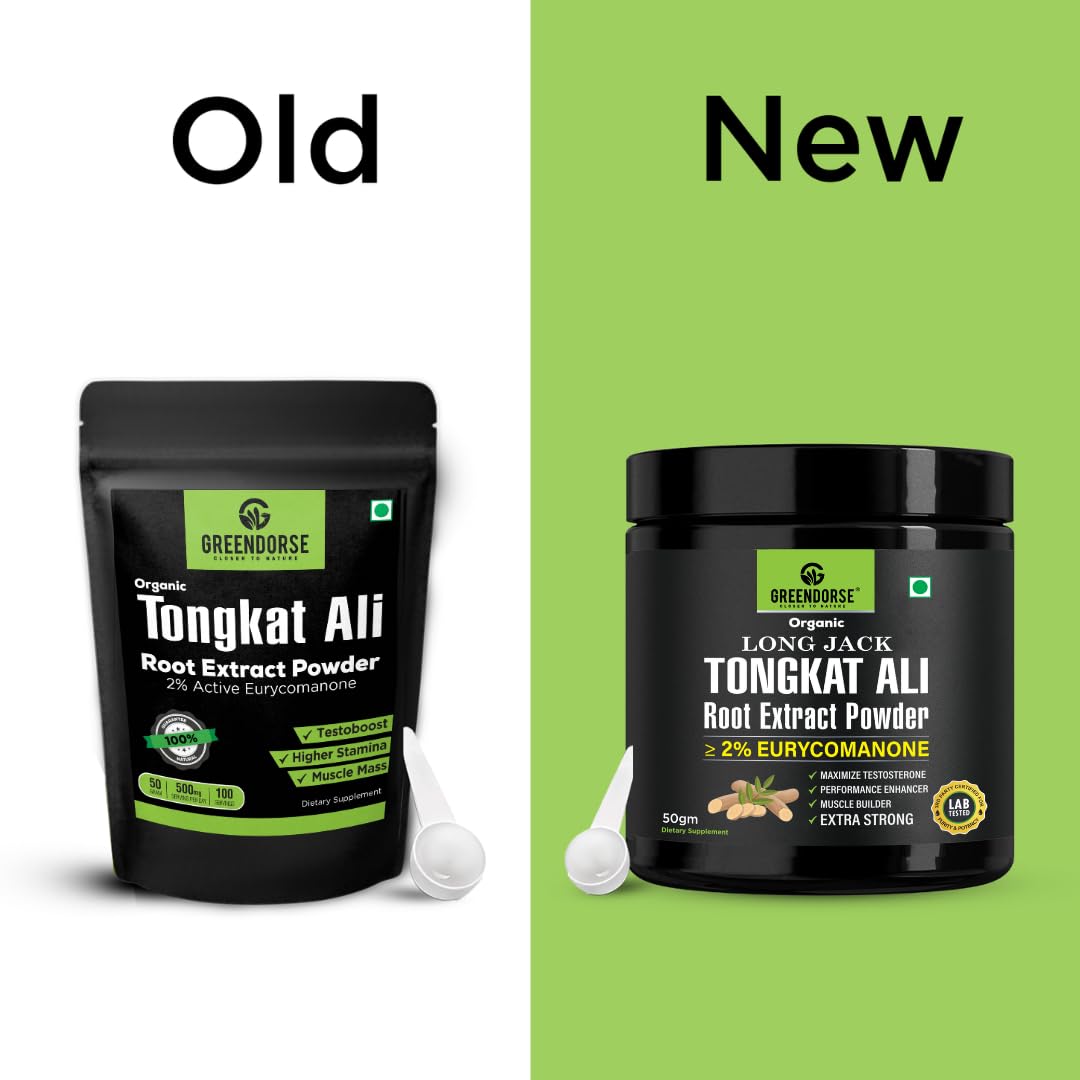 GREENDORSE Organic Tongkat Ali Longjack Root Extract Powder, 2% Eurycomanone | 3 Months Supply | Enhanced T-Level, Stamina and Stress tolerance, Vegan Friendly, 50g