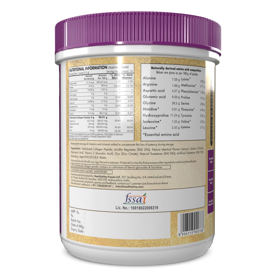 Zephivo HealthyHey Nutrition Skin Glow-N-Shine Collagen Powder 200G | Hydrolysed Collagen For Women And Men With Hyaluronic Acid, Biotin And Vitamin C For Healthy Skin, Hair And Nails - (Lemon, 200Gm)
