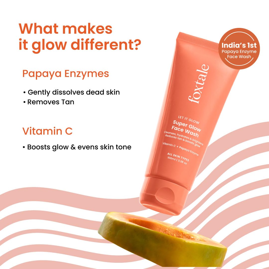 Foxtale Vitamin C Super Glow Face Wash with Papaya enzyme | Reduces Tan | Boosts Glow | Gently Exfoliates & Brightens Skin | Reduces Pigmentation | Face Wash for Men & Women- 100ml