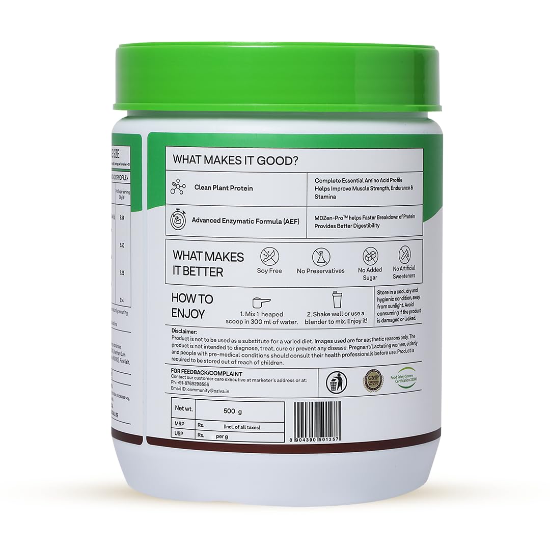 OZiva Bioactive Plant Protein | 25g Protein,5.5 BCAA| Pea Isolate| Plant based Protein Powder for Women & Men | Essential Amino Acids| Protein supplement, Clean, Sugar free, 500g