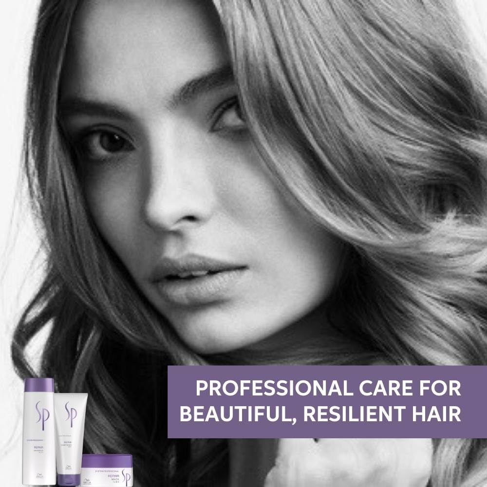 Woman with styled hair and hair care products with text 'Professional care for beautiful, resilient hair'.