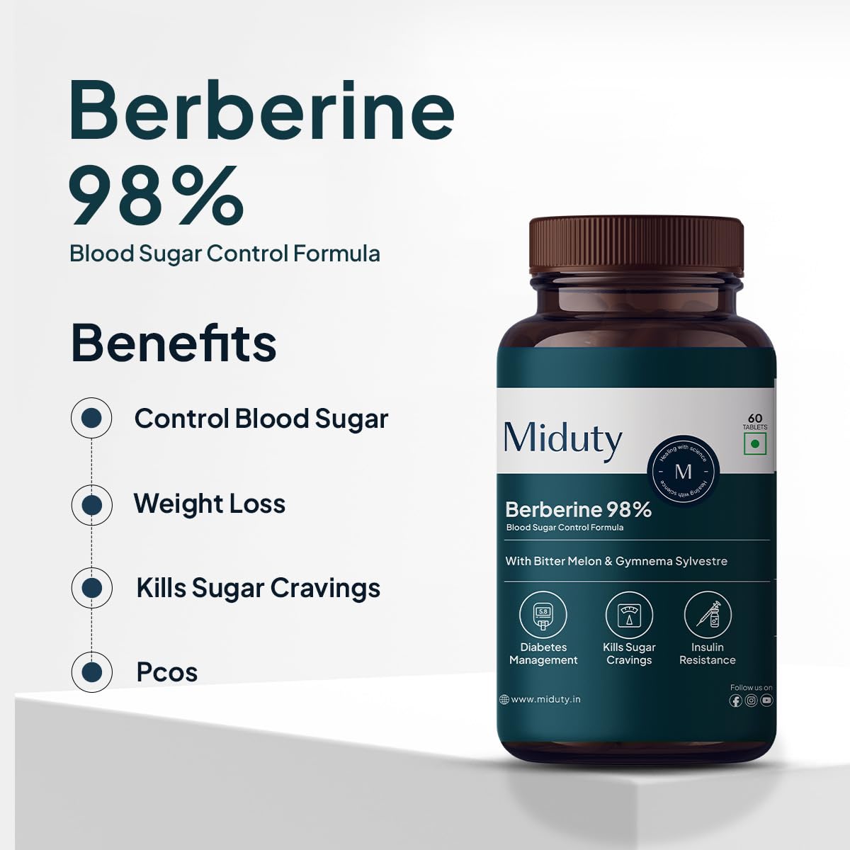 Zephivo Miduty by Palak Notes Berberine HCL Triple Benefits of Blood Sugar Control, Vitamins, Minerals - Diabetic and Pre-Diabetic Care - Stop Sugar Cravings - Lower Blood Sugar levels - 60 Tablets